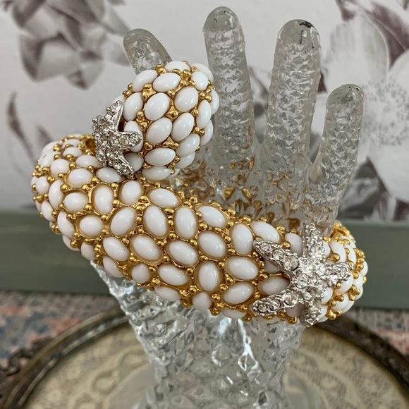 Vintage Signed KJL Neptune Starfish Cabochon Gold Clamper Bangle Bracelet & Ring - Picture 3 of 6